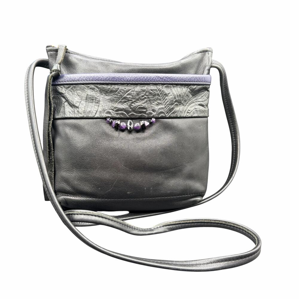 Handmade Black Leather Crossbody Bag Purple Beaded Accent